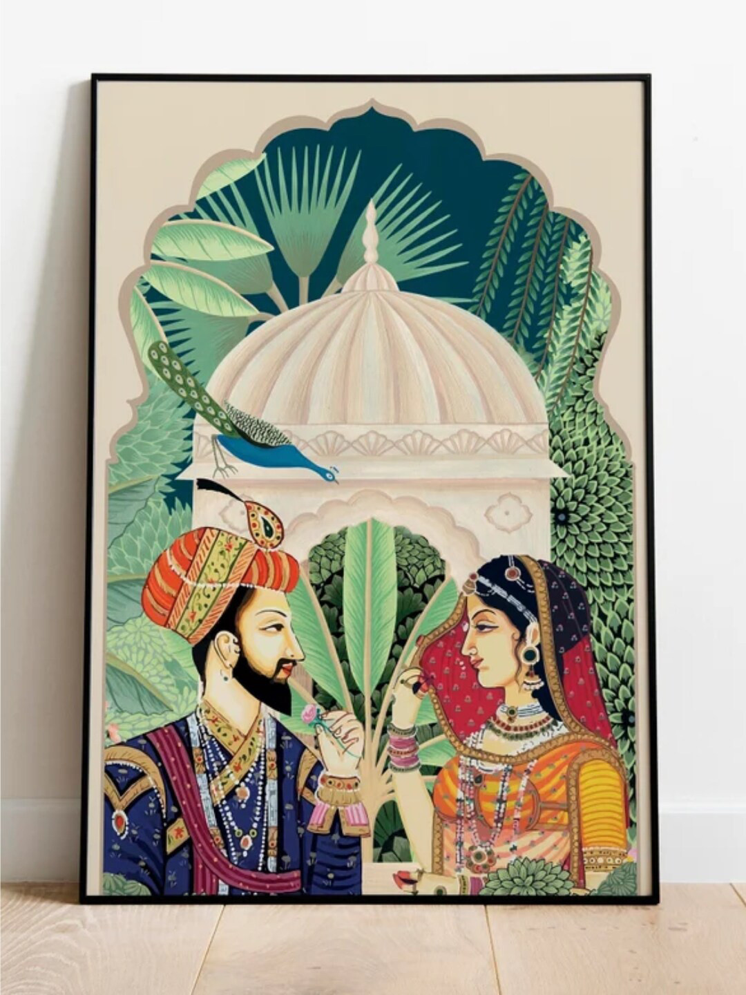 INDIAN CLASSIC ART Beige & Green King and Queen Wall Painting
