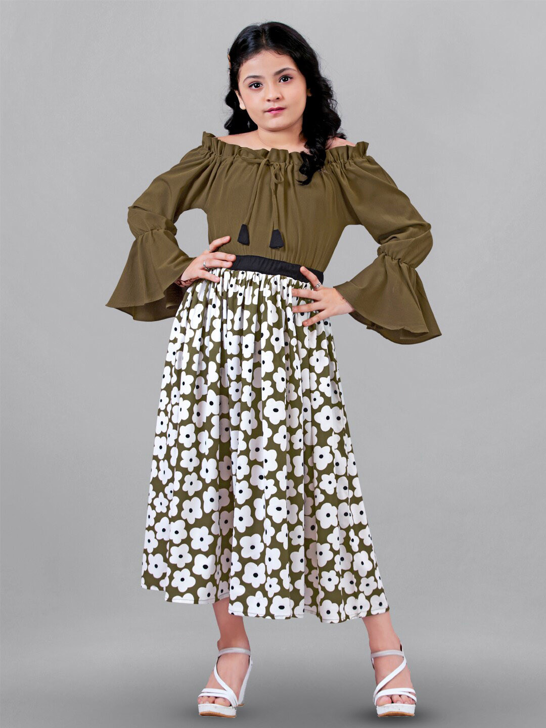 FASHION DREAM Floral Print Off Shoulder Bell Sleeves Fit & Flare Maxi Dress