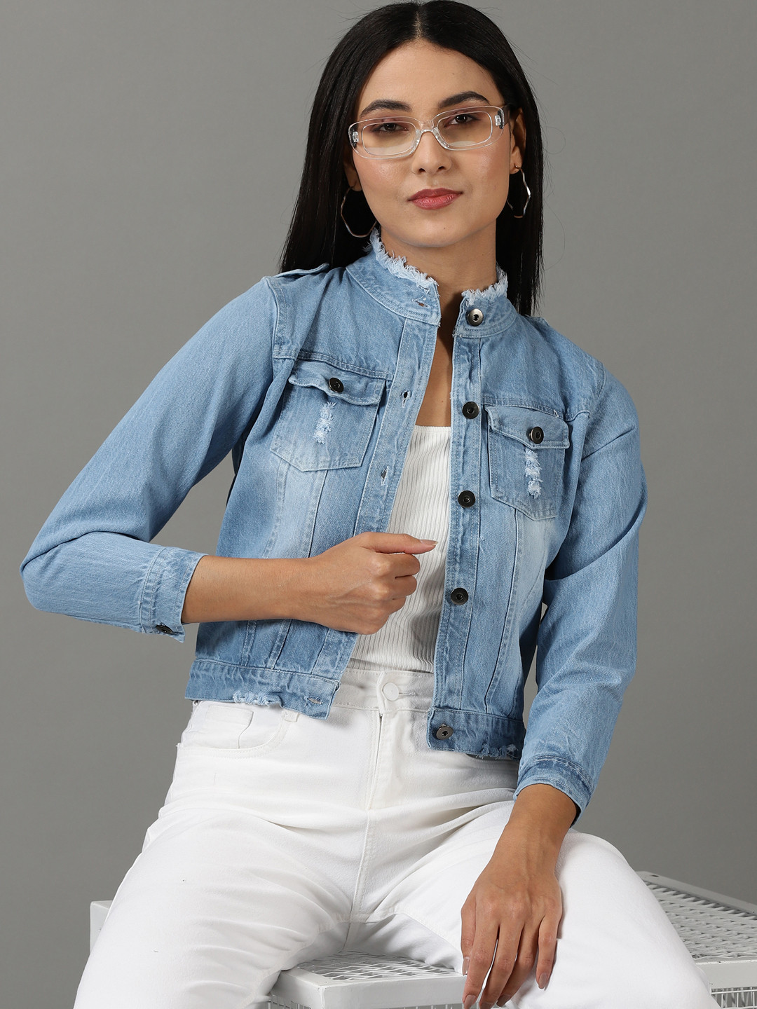 SHOWOFF Washed Distressed Mock Collar Shoulder Tabs Frayed Denim Jacket
