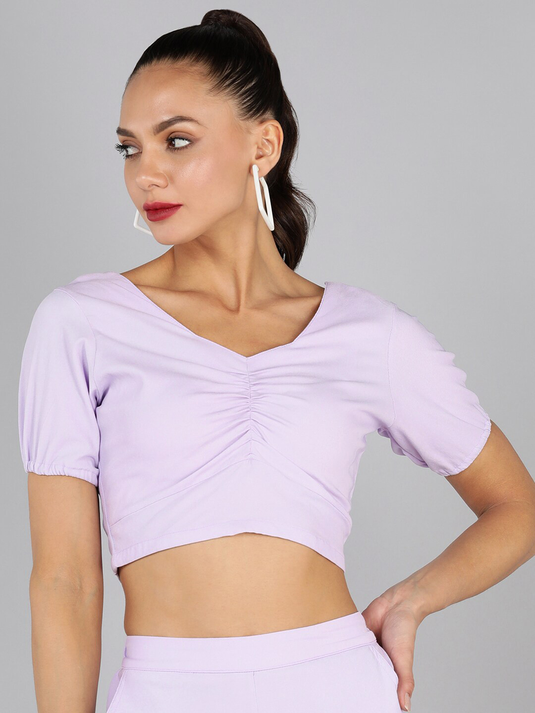 Golden Kite Puff Sleeve V-Neck Crop Top