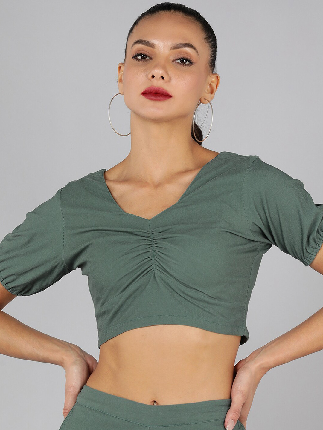 Golden Kite Puff Sleeve V-Neck Crop Top