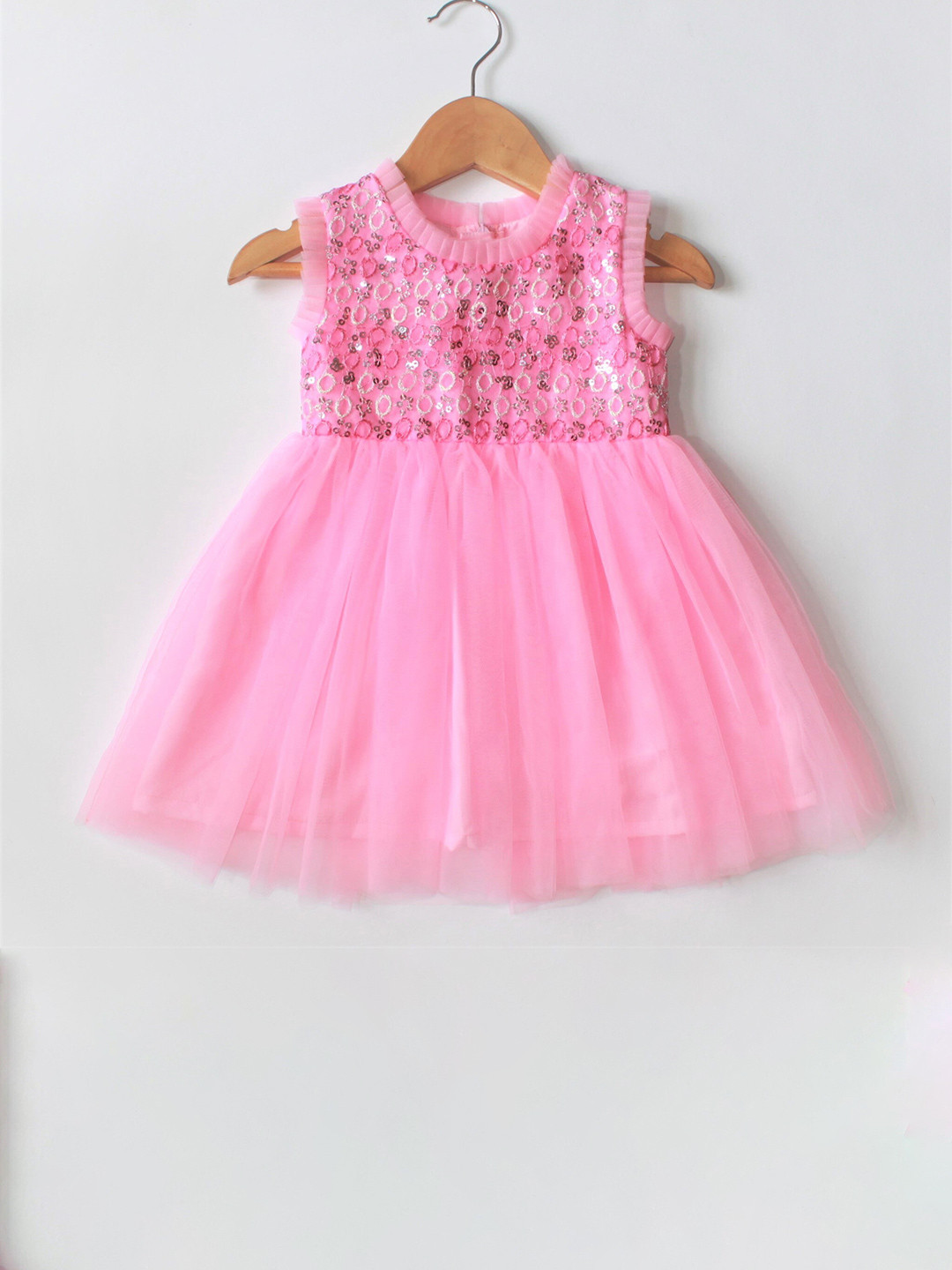 MANY FROCKS & Girls Round Neck Sequined Net Fit & Flare Dress