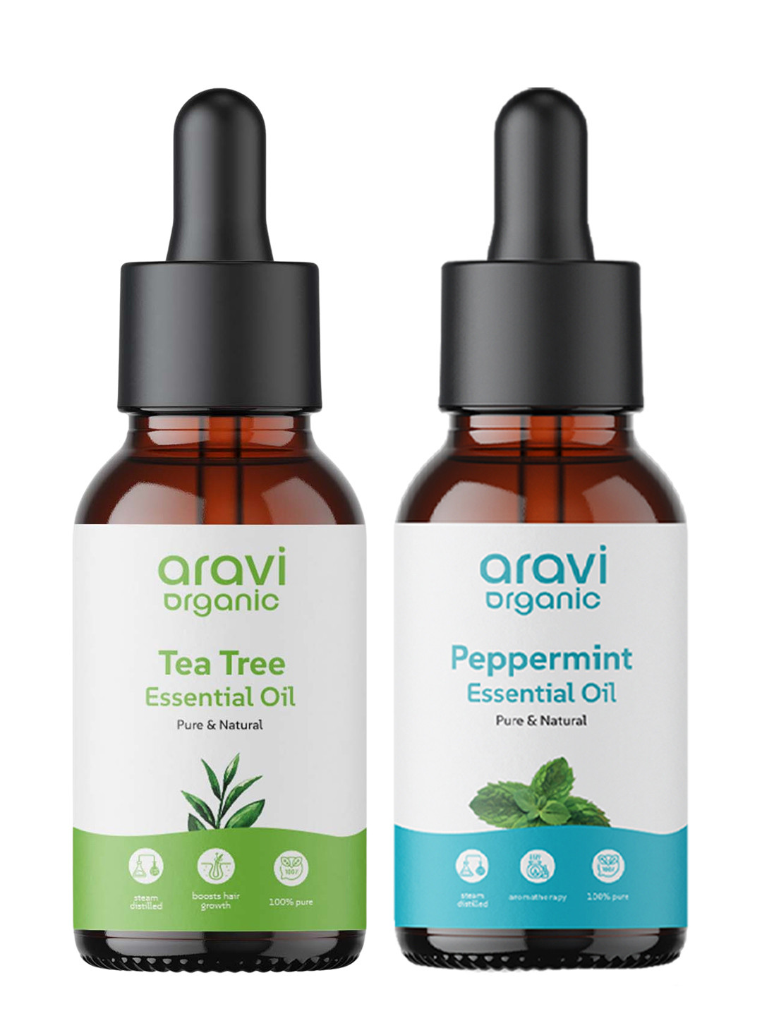 Aravi Organic Set of 100% Pure Tea Tree & Peppermint Essential Oil For Hair & Skin Care