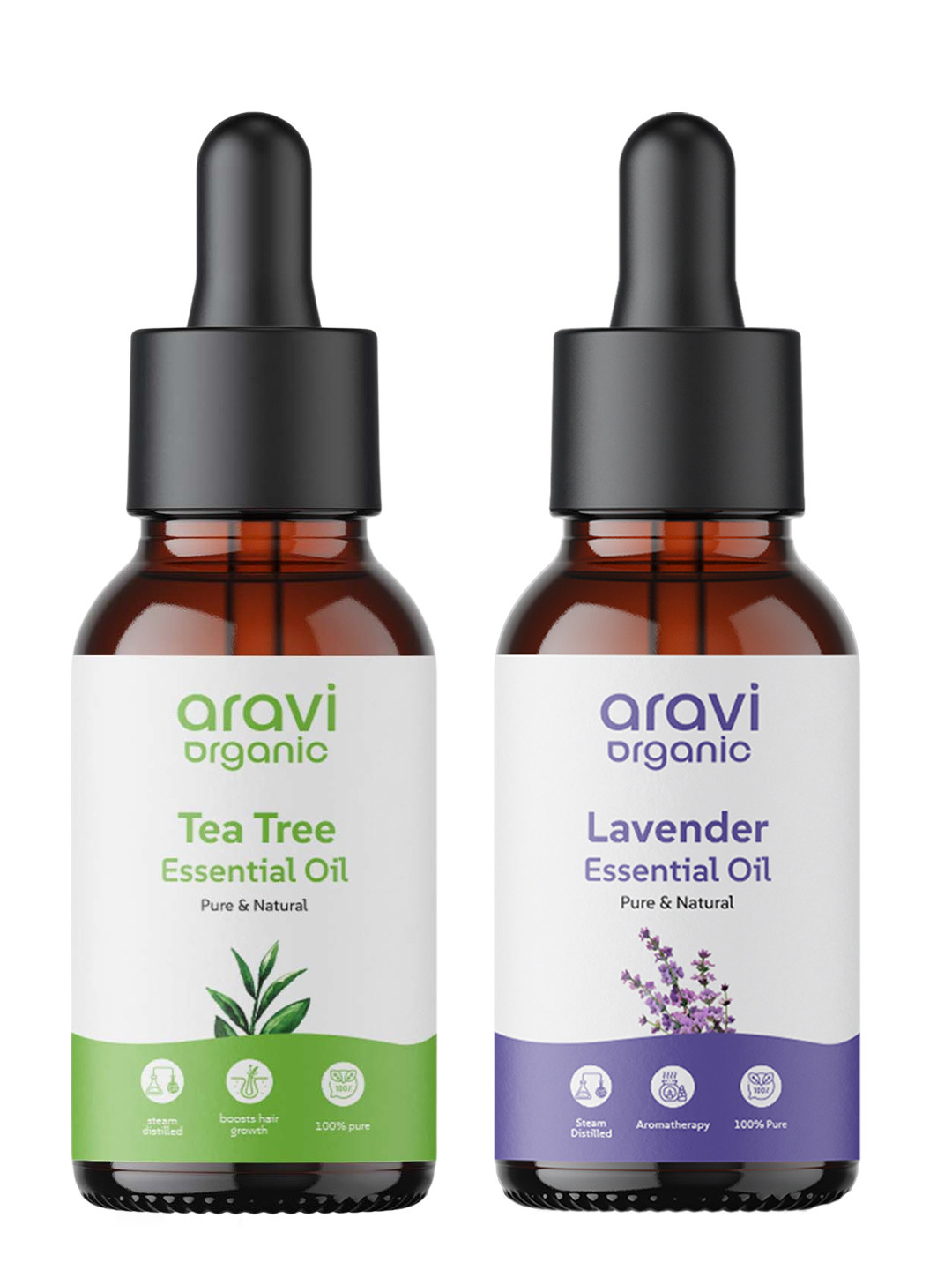 Aravi Organic Set of 100% Pure Tea Tree Lavender Essential Oil for Hair & Skin Care