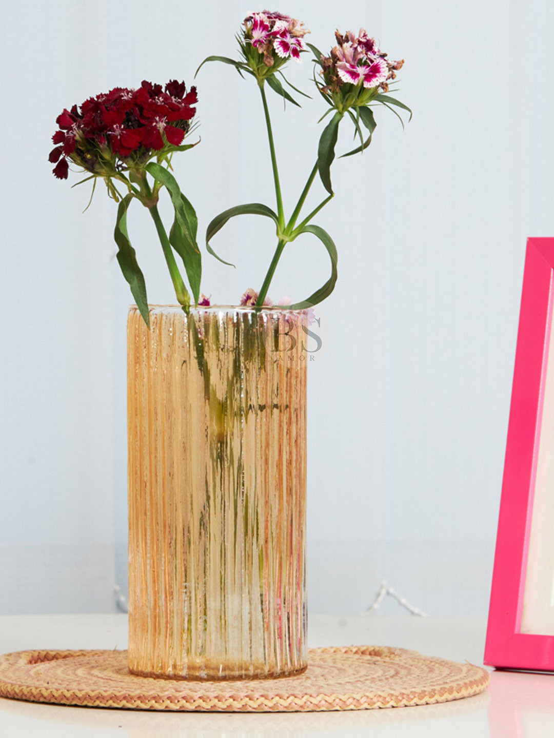 BS AMOR Brown Textured Cylindrical Shaped Glass Flower Vase