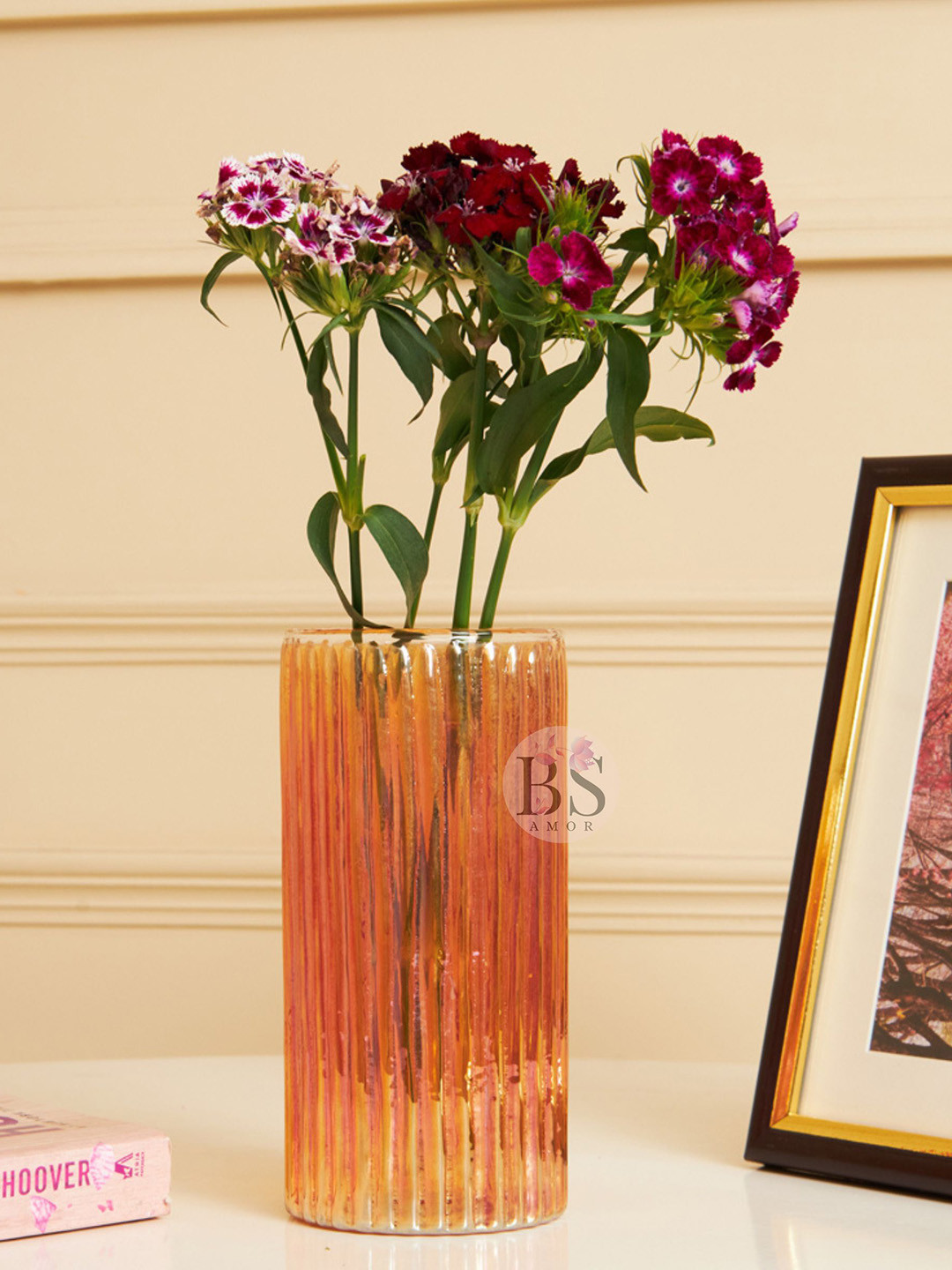 BS AMOR Orange-Colored Textured Cylindrical Shaped Glass Flower Vase