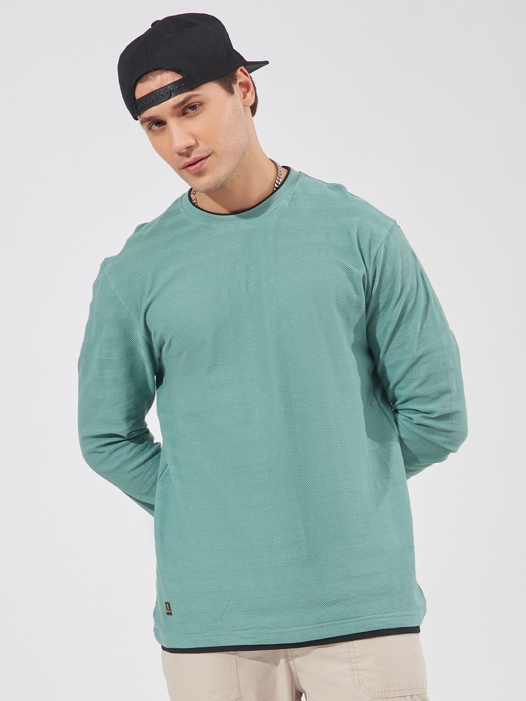 Maniac Men Self Design Long Sleeves Round Neck Cotton Slim Fit T-shirt