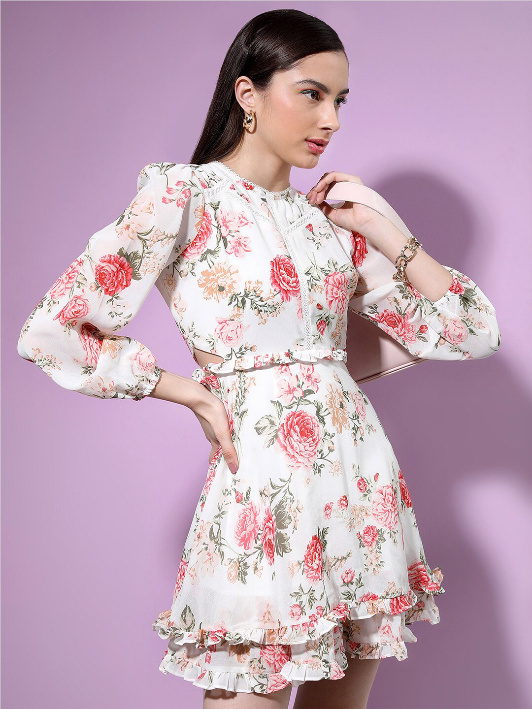 Tokyo Talkies Floral Print Puff Sleeves Fit & Flare Mini Dress