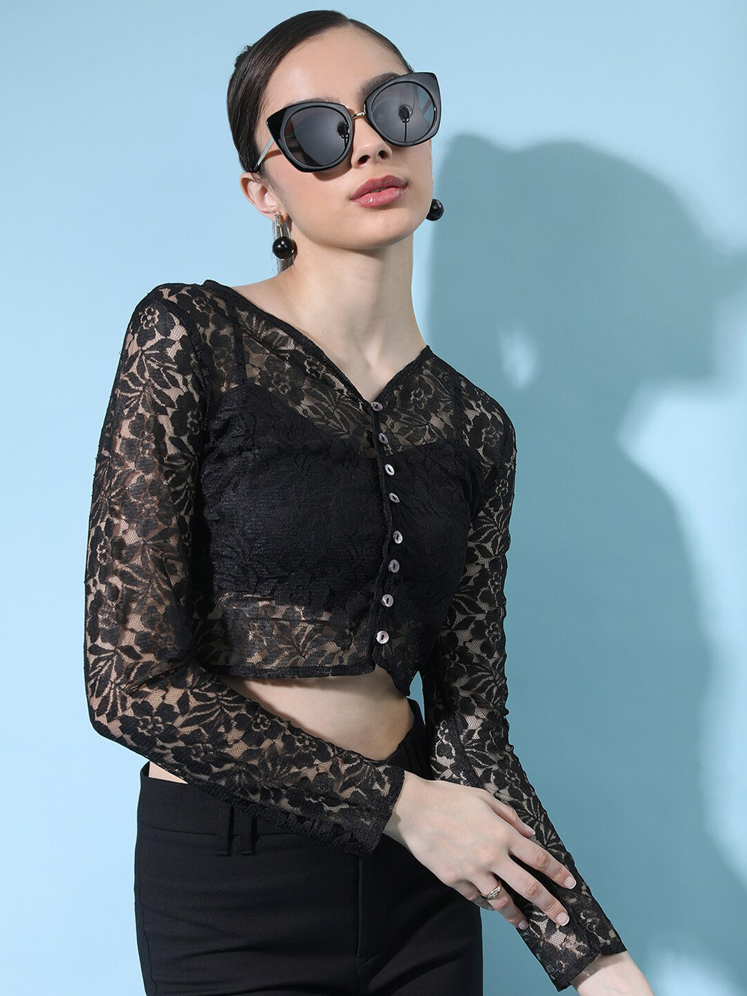 Tokyo Talkies Self Design V-Neck Lace Inserts Detail Crop Top