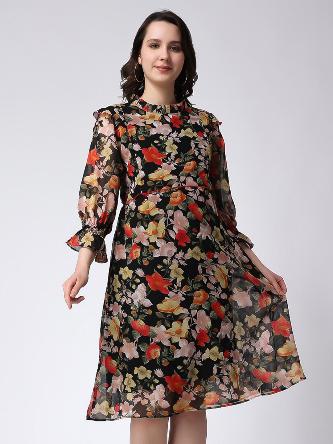 COLOR STUDIO Maternity Georgette Floral Print Black Midi Dress