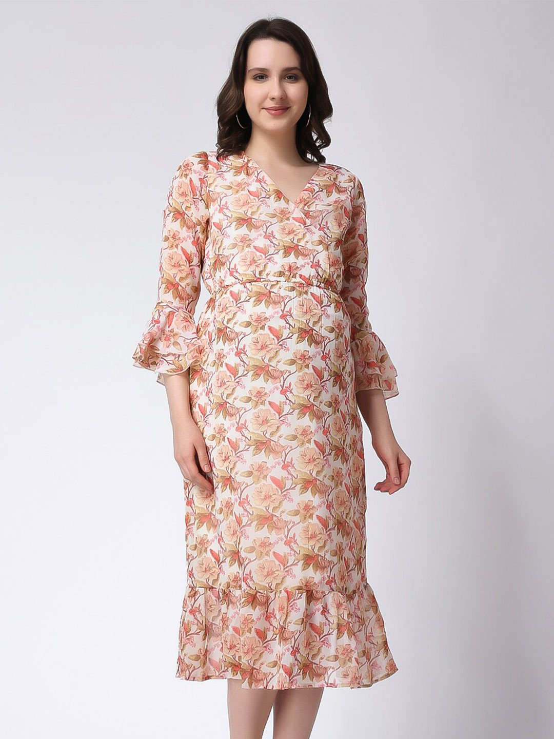 COLOR STUDIO Floral Printed Bell Sleeves Georgette Maternity Midi Dress