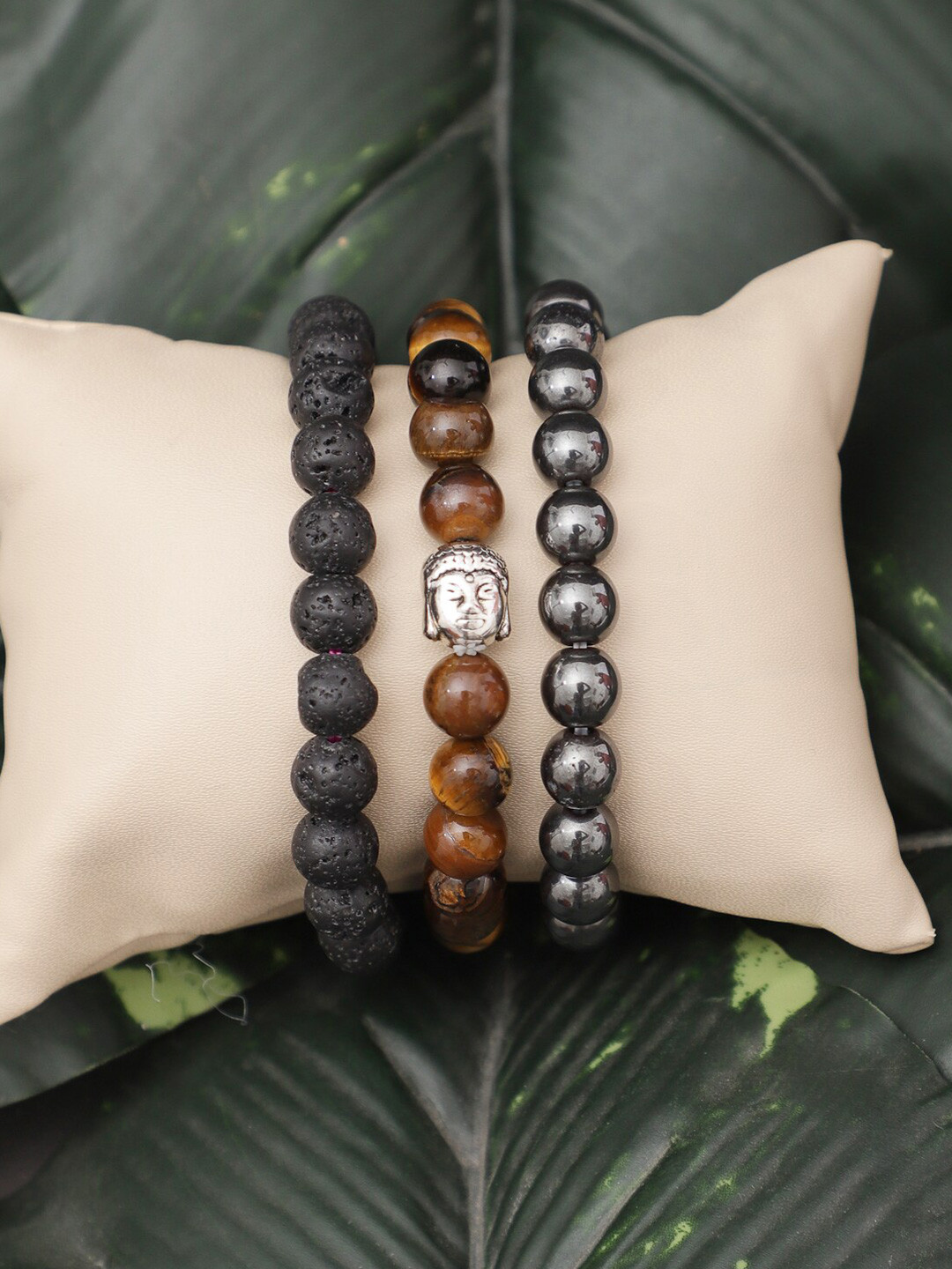 TAG 7 Set Of 3 Gunmetal-Toned Tigers Eye Bracelet