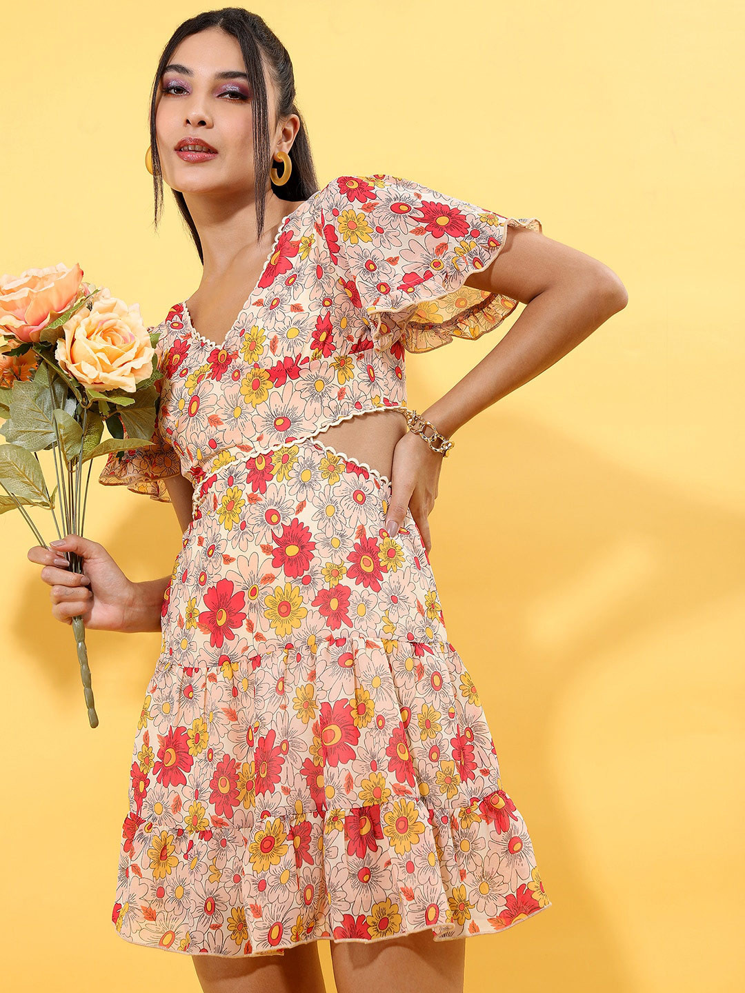 Tokyo Talkies V-Neck Floral Printed Smocked Cut Out Tiered Mini A-Line Dress