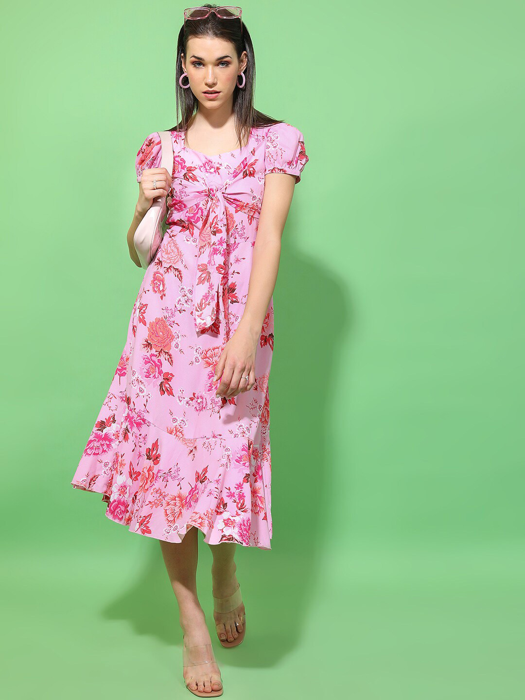 Tokyo Talkies Floral Printed Puff Sleeve Tie Up A-Line Midi Dress