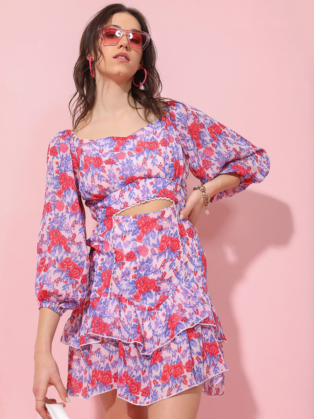 Tokyo Talkies Floral Printed Cut Out Smocked Layered A-Line Mini Dress