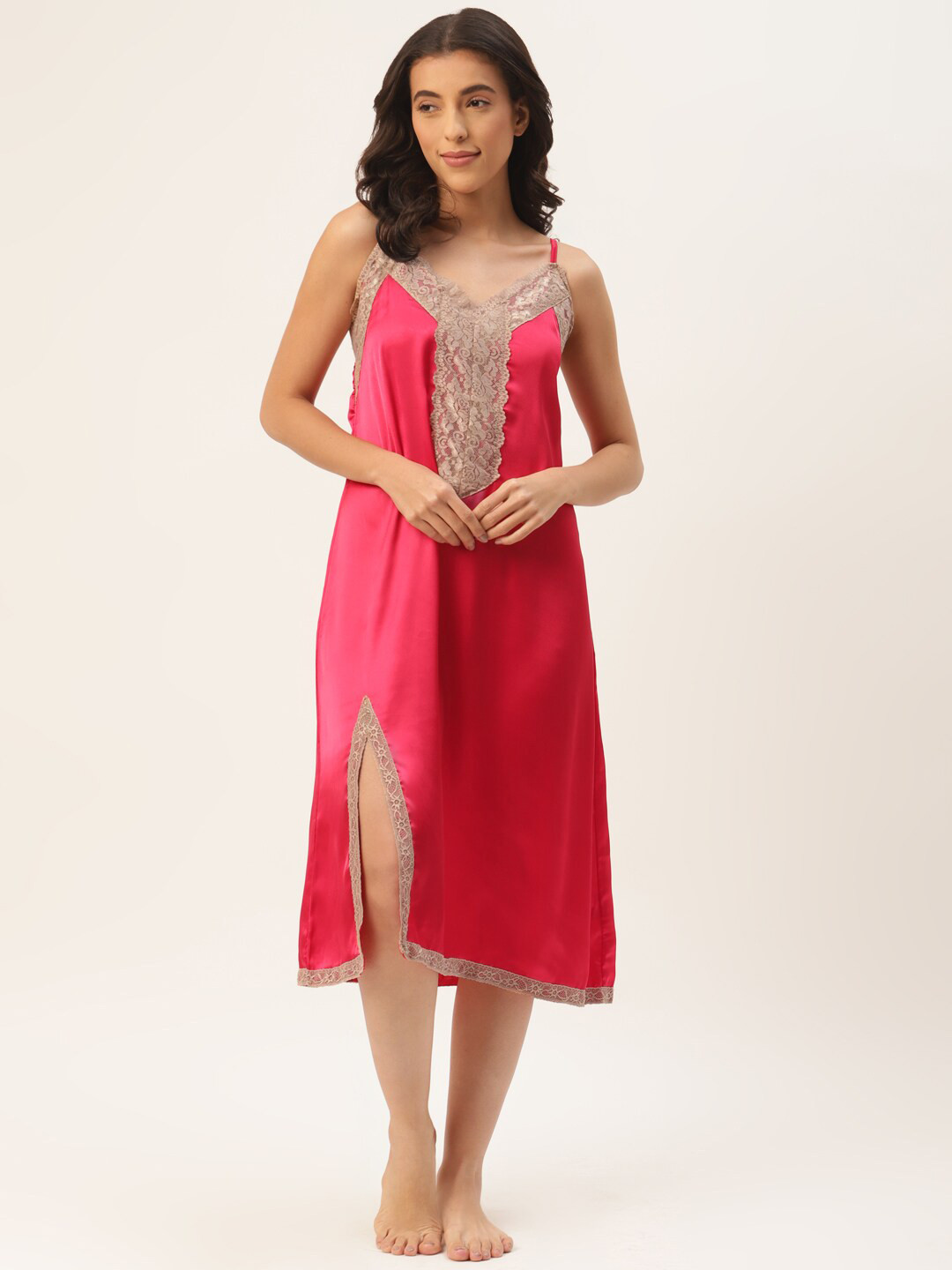 Ms.Lingies V Neck Lace Up Detail Satin Nightdress