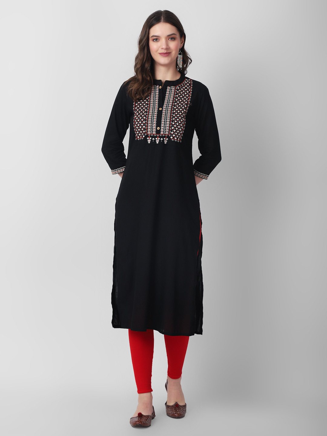 Haute and Humble Ethnic Motif Yoke Design Band Collar Thread Work Straight Kurta