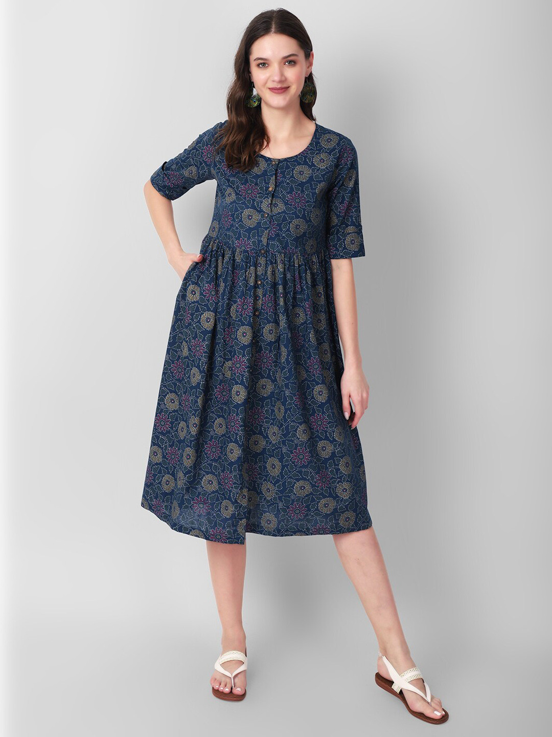 Haute and Humble Navy Blue & Yellow Floral Print Fit & Flare Dress