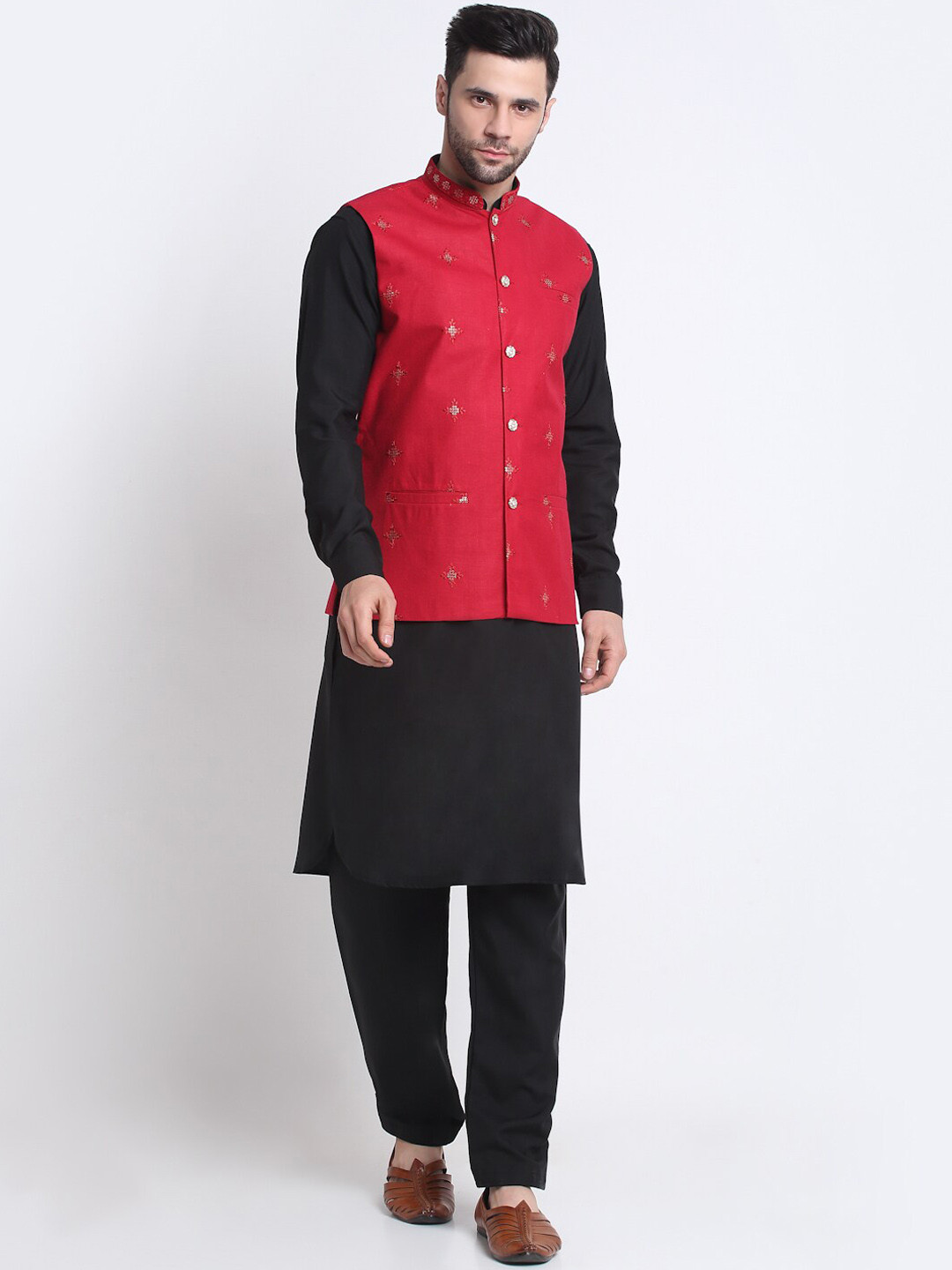 KRAFT INDIA Mandarin Collar Kurta with Pyjamas & Nehru Jacket