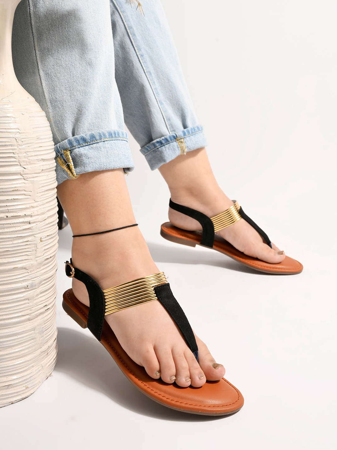 Shoetopia Striped T-Strap Flats