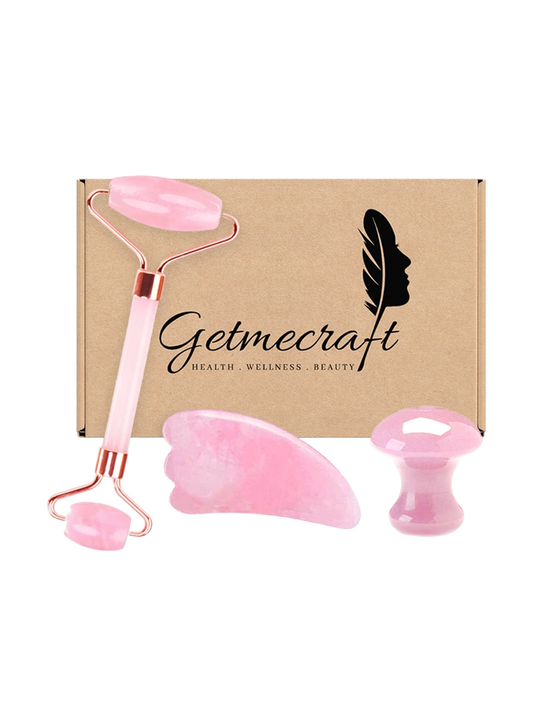 Getmecraft Rose Quartz Roller & Wing Shaped Gua Sha With Rose Quartz Mushroom Gua Sha