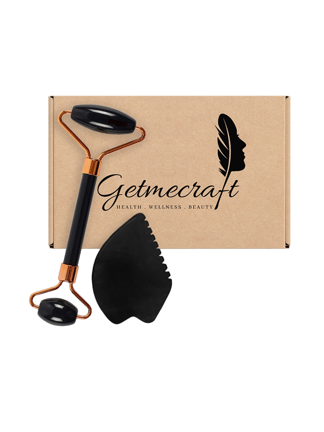 Getmecraft Black Obsidian Face Roller and Leaf Shape Gua Sha Massage Tool Set