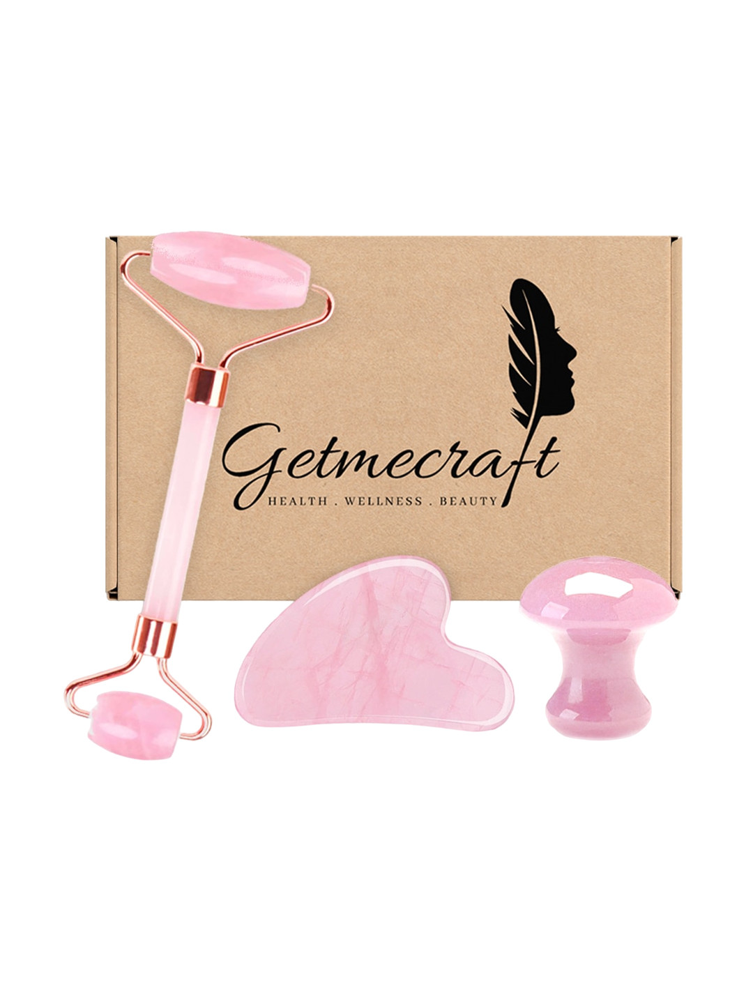 Getmecraft 3-Pcs Rose Quartz Face Roller - Gua Sha Set With Rose Quartz & Mushroom Gua Sha