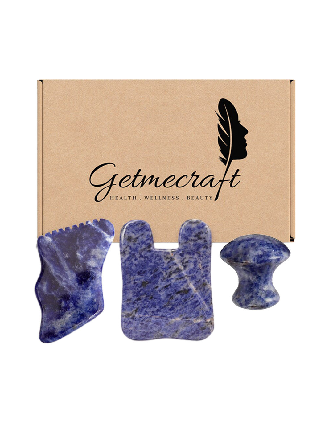 Getmecraft Set Of 3 Gua Sha Stones - Sodalite Mushroom + Rabbit Ear + Teeth Edge - Blue