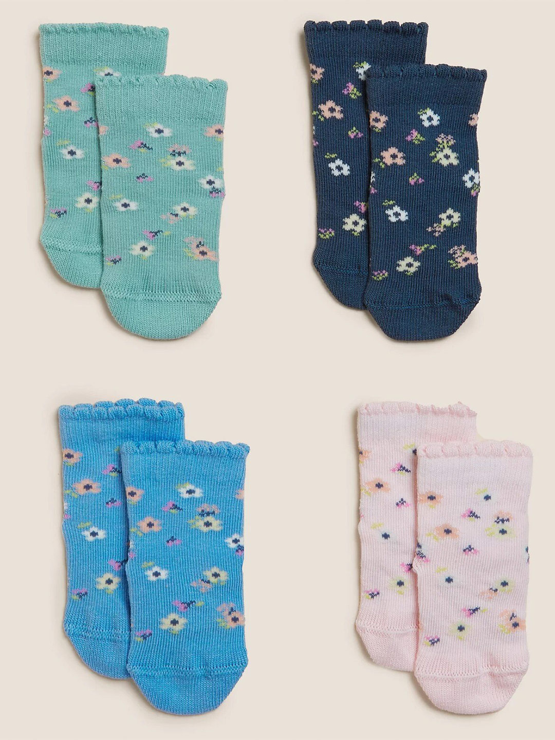 Marks & Spencer Infants Girls Pack Of 4 Assorted Patterned Knitted Ankle-Length Socks