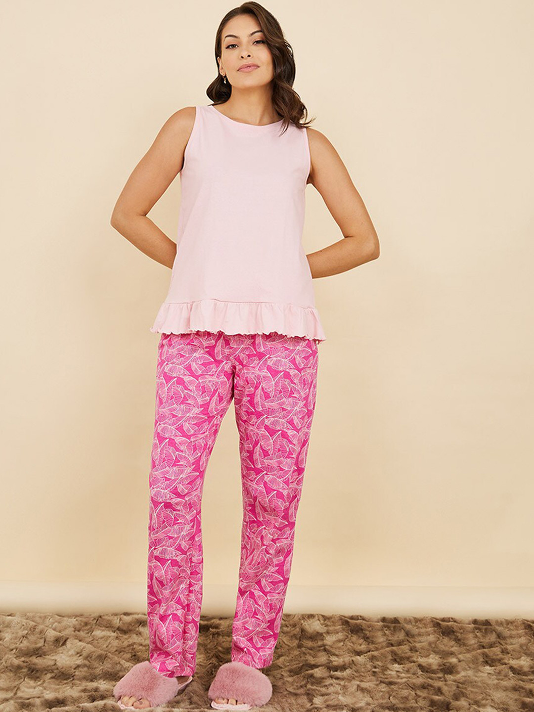 Styli Pink Round Neck Pure Cotton Night Suit 7004464828