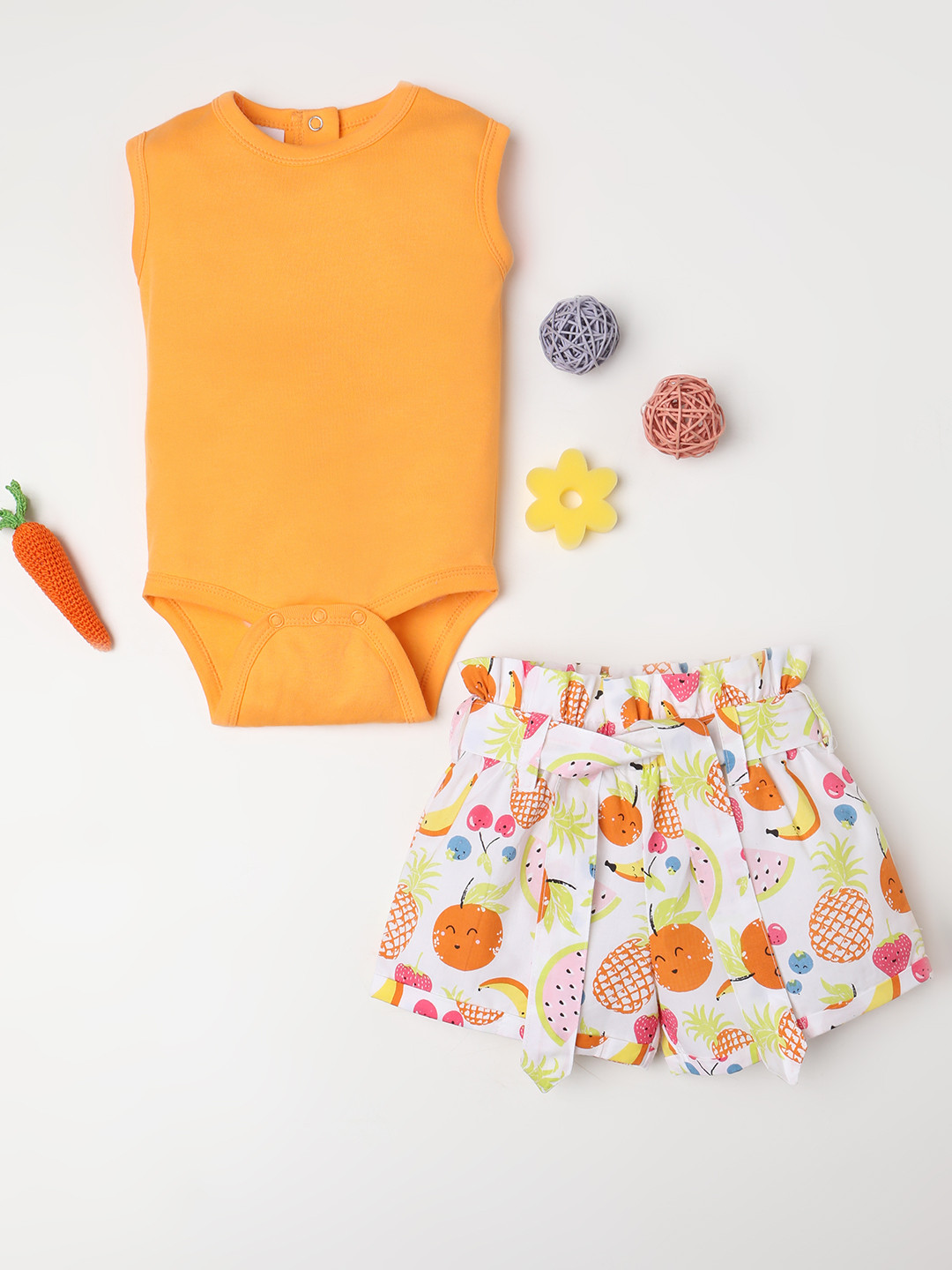 Fancy Fluff Infant Girls Printed Pure Cotton Sleeveless Bodysuit with Shorts Clothing Set