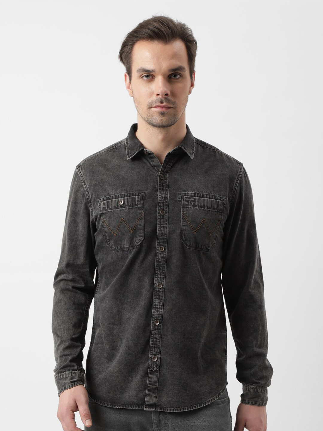 Wrangler Faded Spread Collar Twill Cotton Casual Shirt