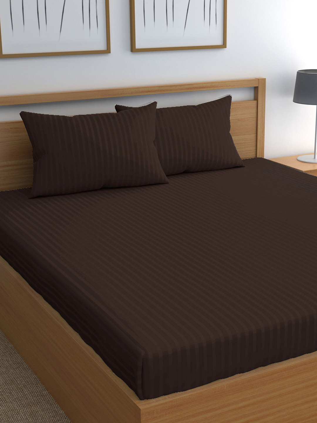 CHHAVI INDIA Brown Striped 210 TC Queen Bedsheet & 2 Pillow Covers