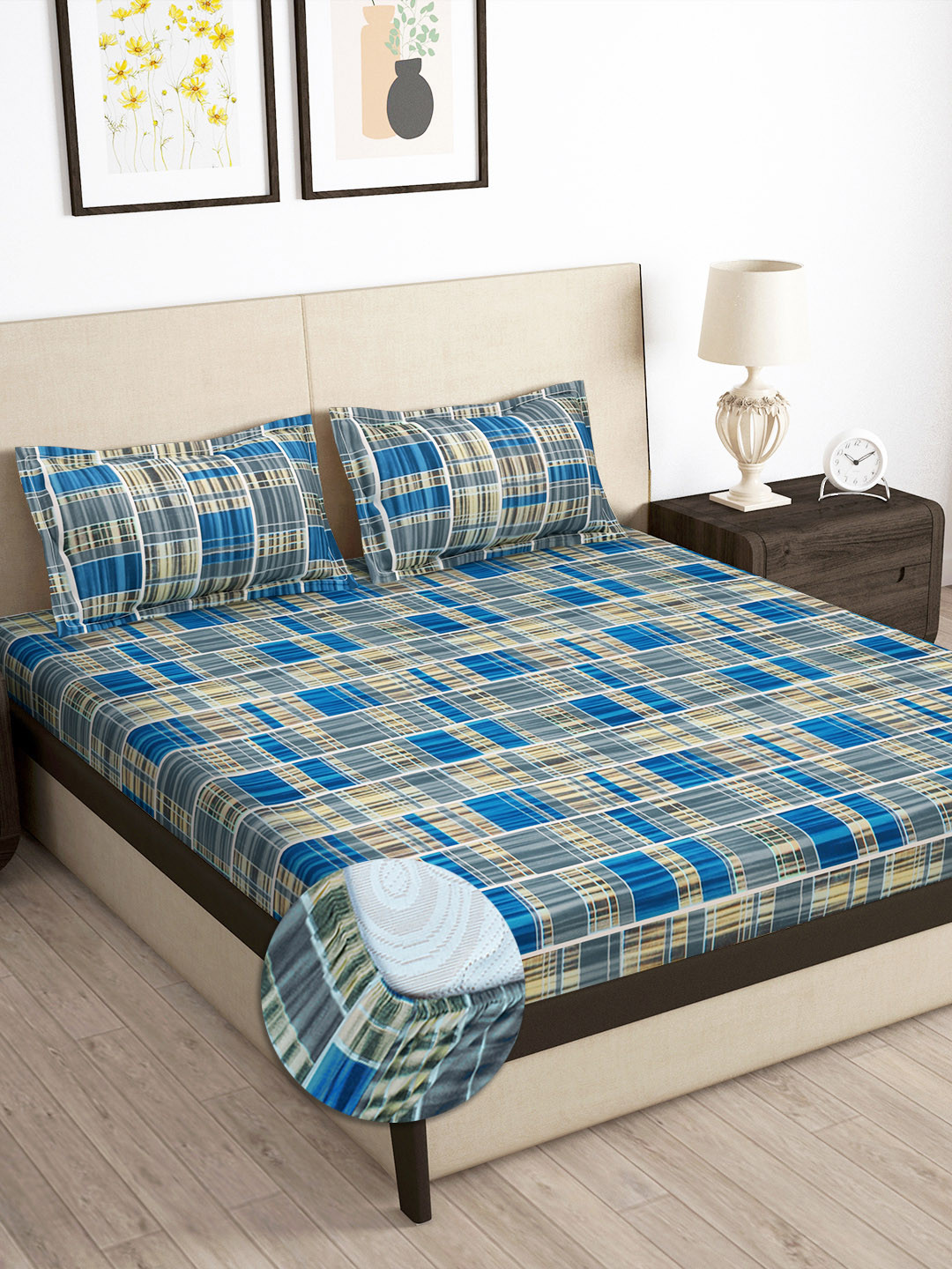 Story@home Arena Blue Geometric Polyester 180 TC Fitted Queen Fine Bedsheet with 2 Pillow Covers-72 x 78 inches