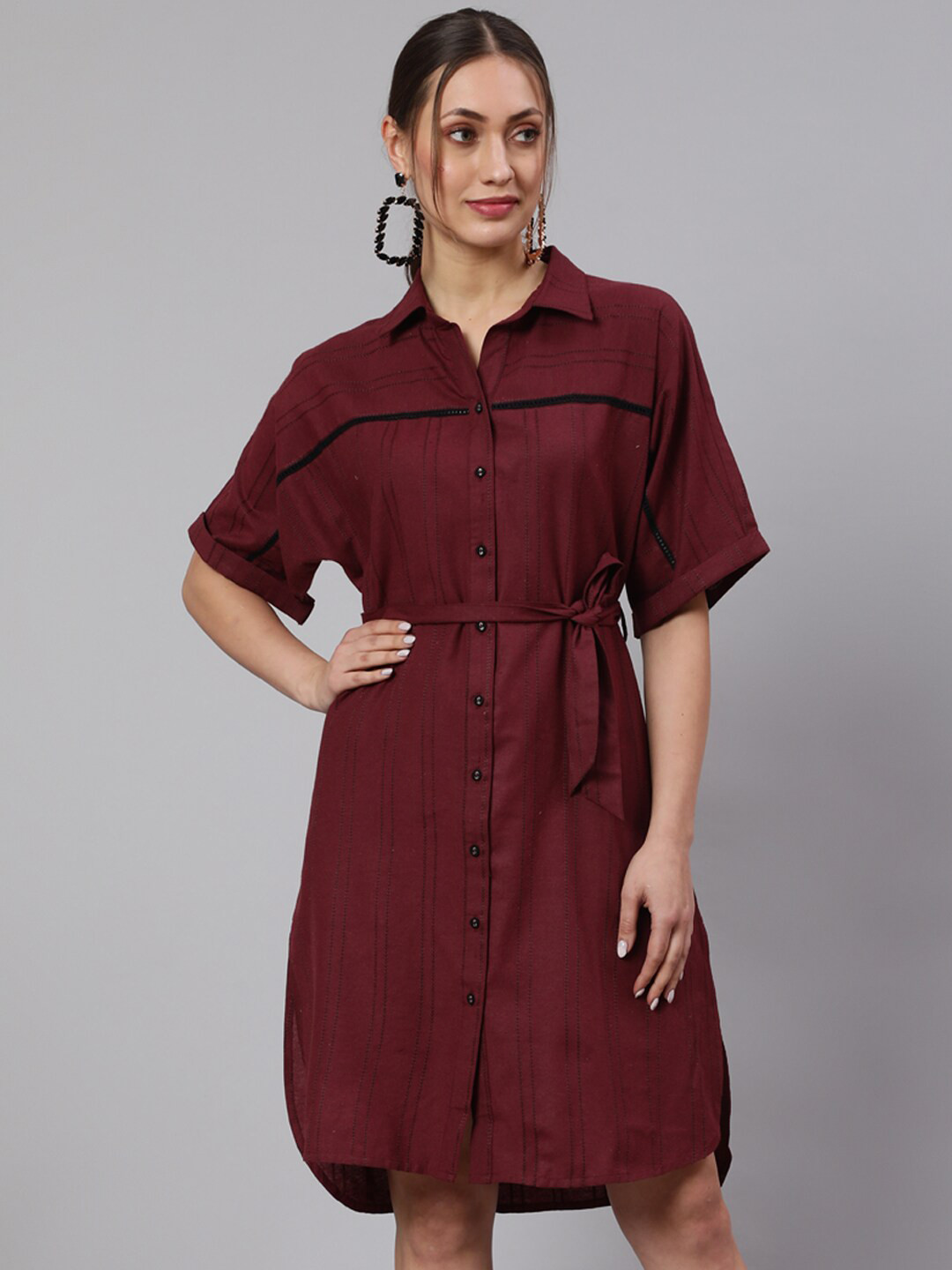 Jaipur Kurti Striped Belted Cotton Shirt Dress
