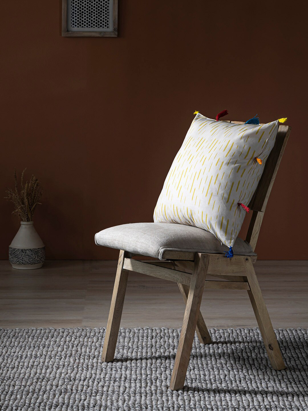 Contrast Living Beige & Mustard Printed Square Cotton Cushion Cover