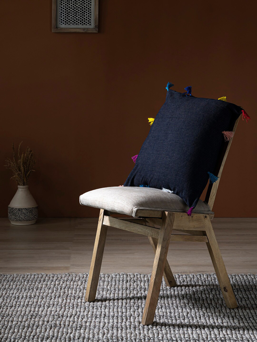 Contrast Living Black Striped Cotton Lightweight Textured Square Cushion Cover -16x16In