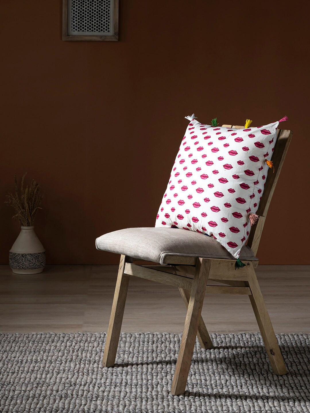 Contrast Living White Conversational Cotton Breathable Square Cushion Cover -18x18In