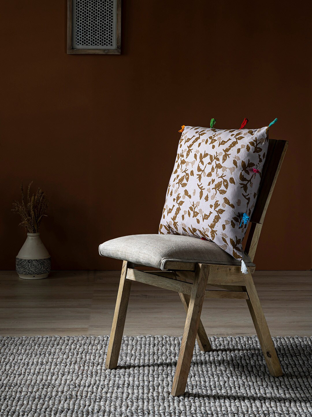 Contrast Living Beige & Brown Floral Printed Square Cotton Cushion Cover