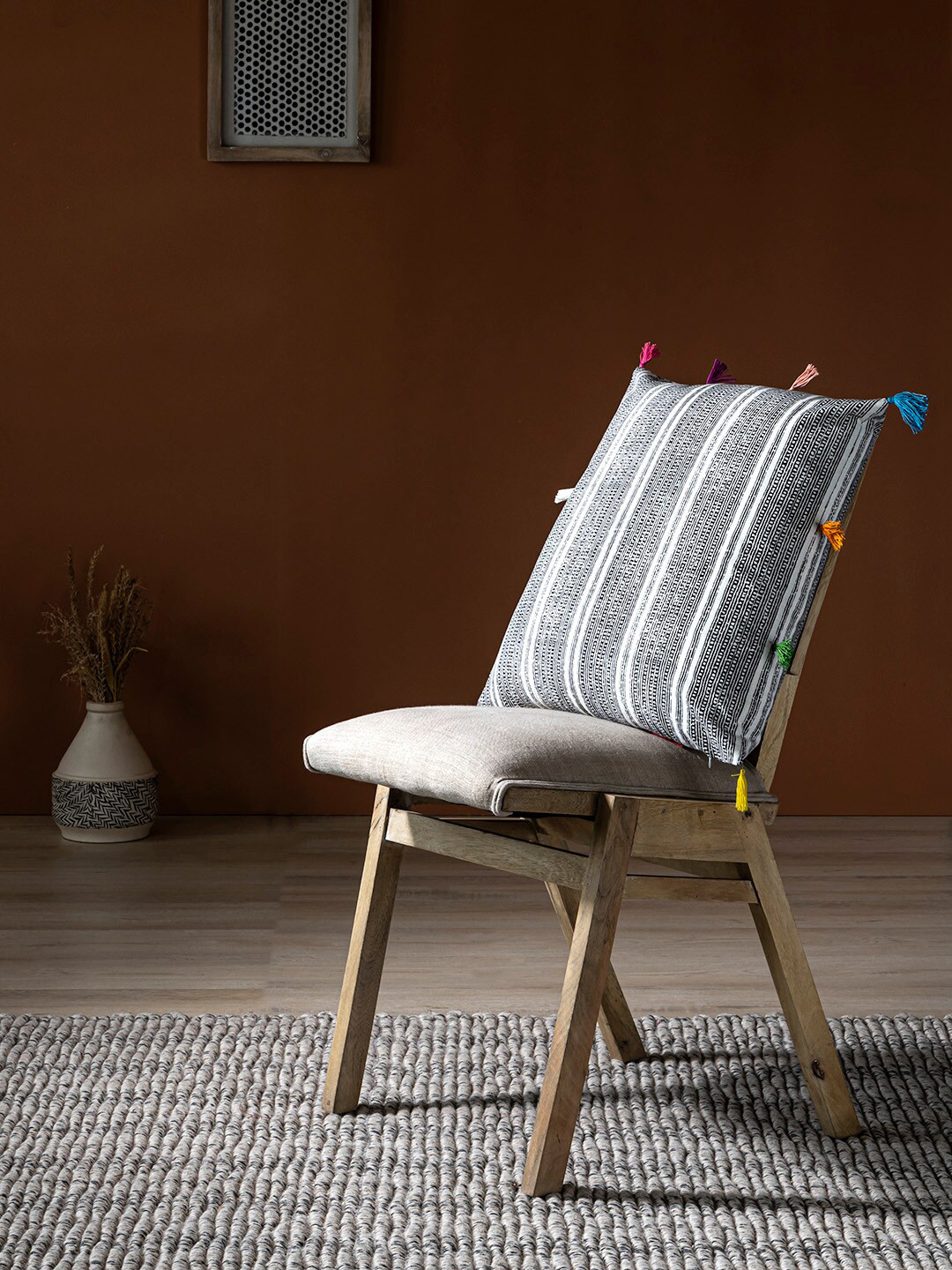 Contrast Living Black Striped Cotton Breathable Textured Square Cushion Cover -18x18In