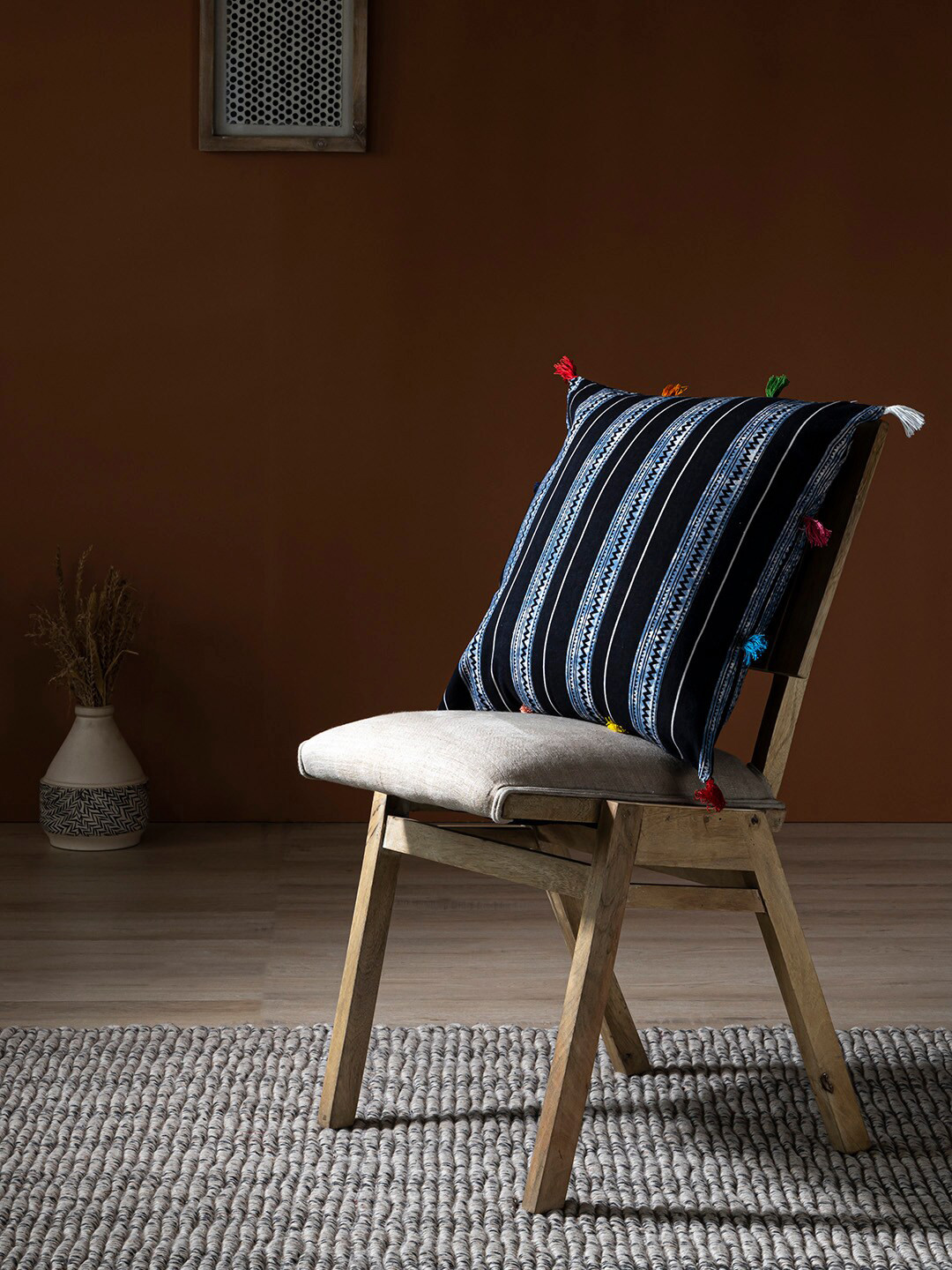 Contrast Living Black & Blue Striped Square Cotton Cushion Cover