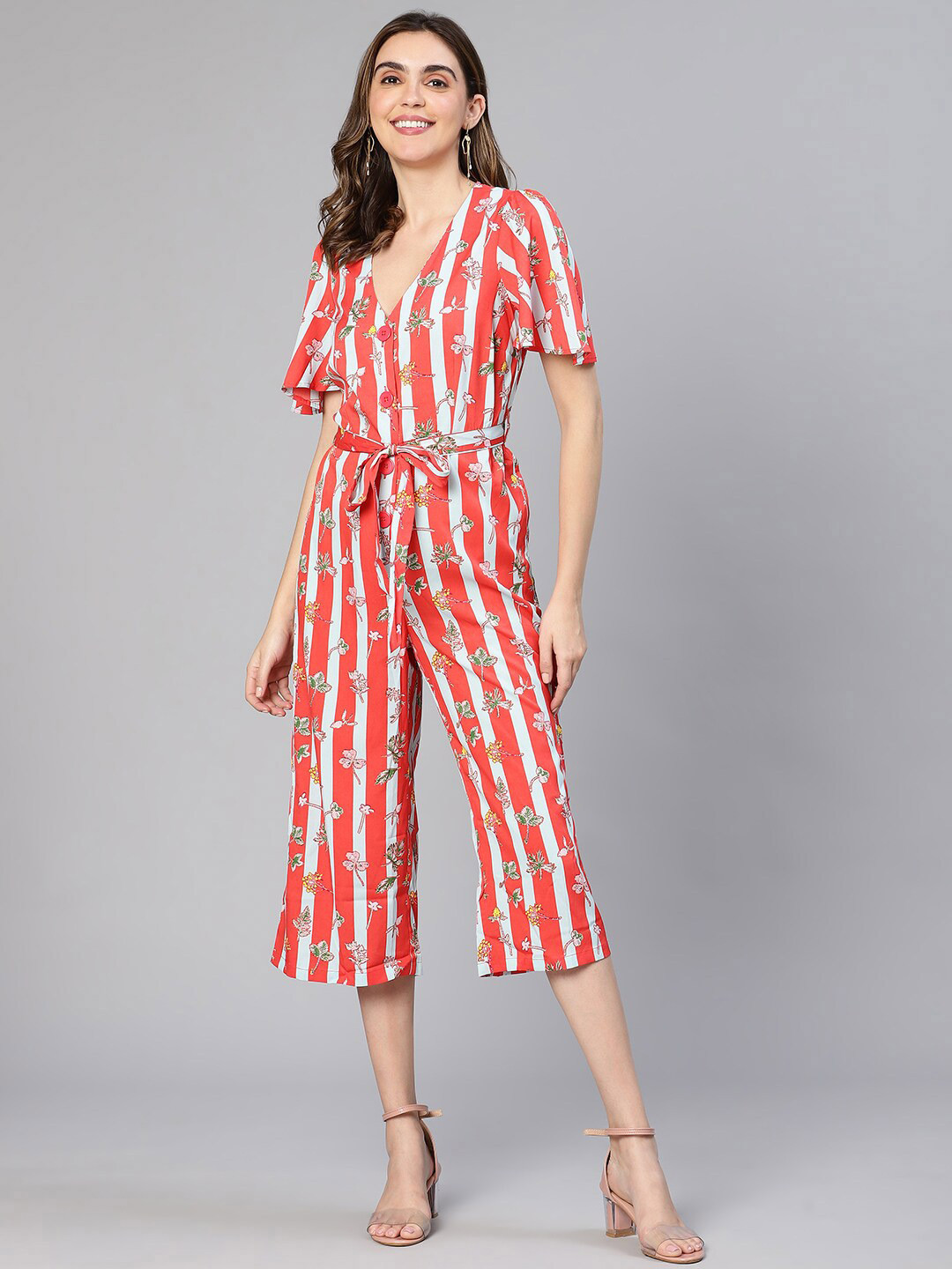 Oxolloxo Floral Printed & Striped V-Neck Culottes Jumpsuit
