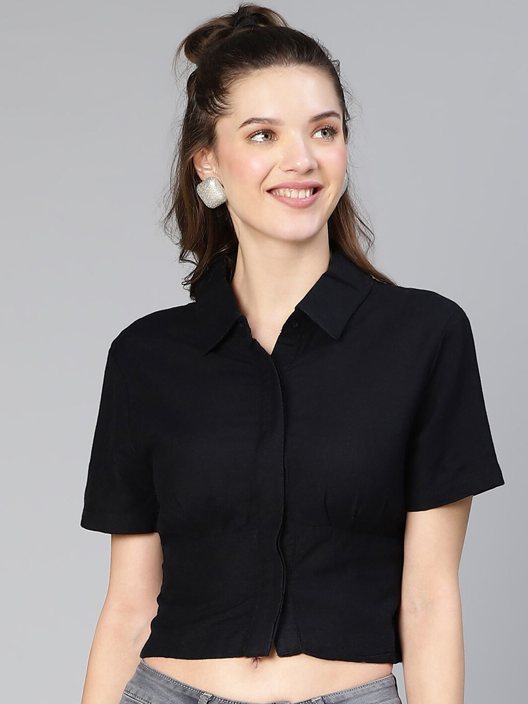 Oxolloxo Spread Collar Linen Cropped Casual Shirt