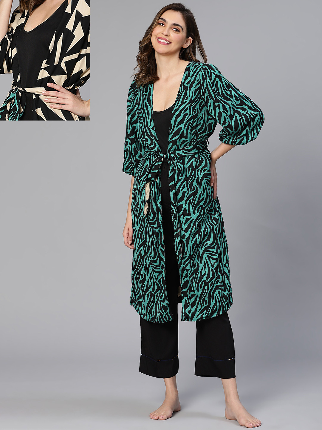 Oxolloxo Abstract Printed Belt Detail Reversible Cover-Up Nightdress