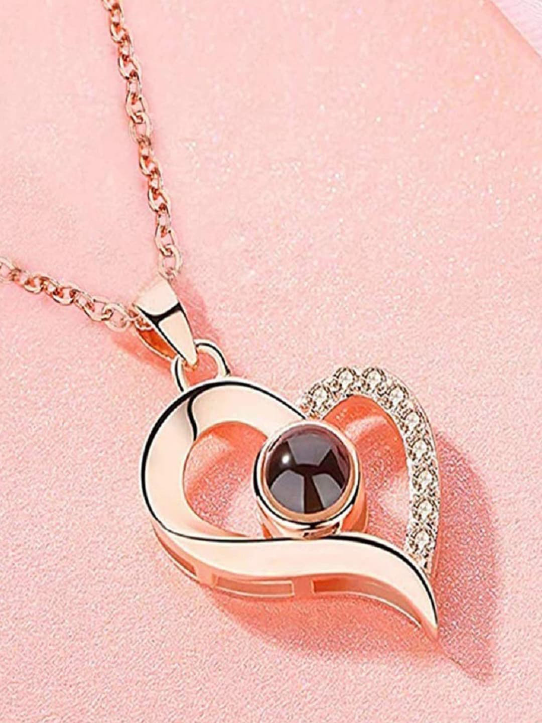 UNIVERSITY TRENDZ Rose Gold-Plated Stone-Studded & Heart-Charm Pendant With Chain