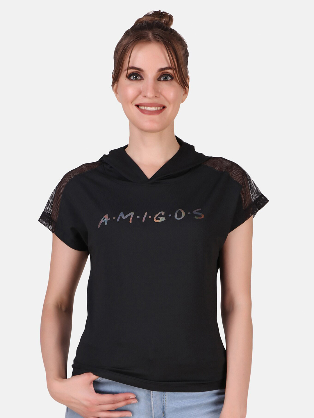 PERFKT-U Typography Printed Hooded Extended Sleeves T-shirt