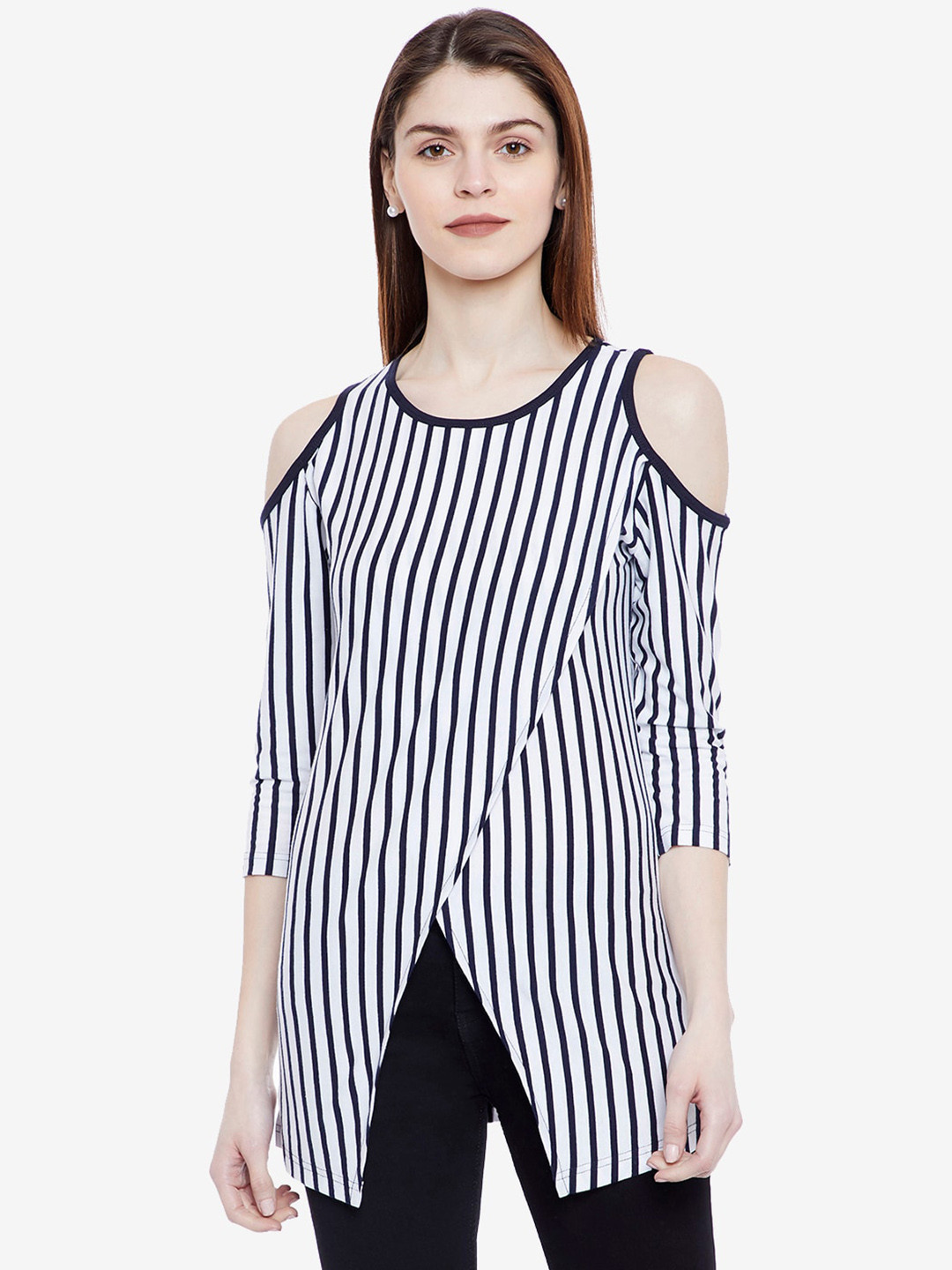 Hypernation Striped Cold-Shoulder Sleeves Comfort Pure Cotton Slim Fit Blouson Top