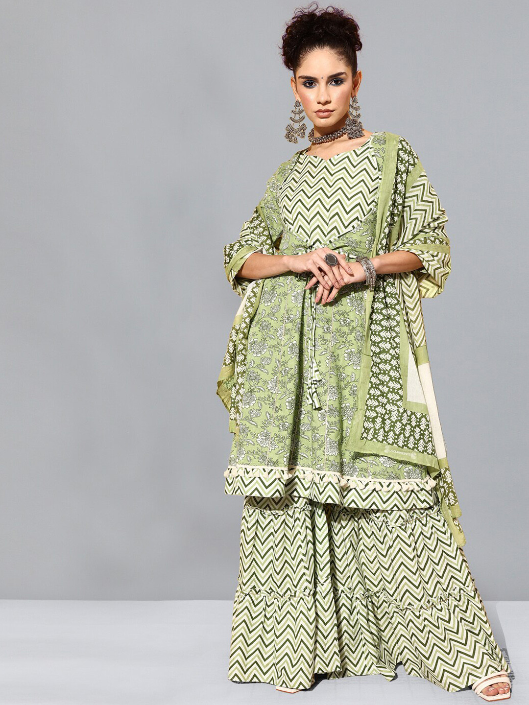 Kvsfab Floral Printed Anarkali Kurti With Sharara & Dupatta