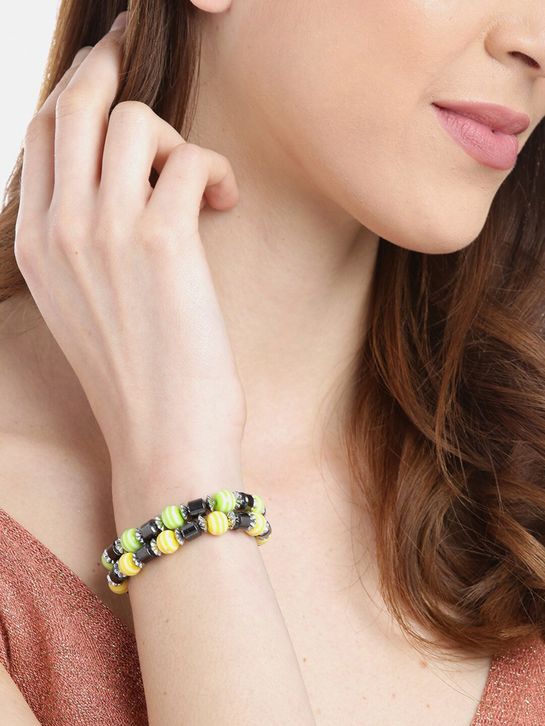 Golden Peacock Set Of 2 Beaded Elasticated Bracelets