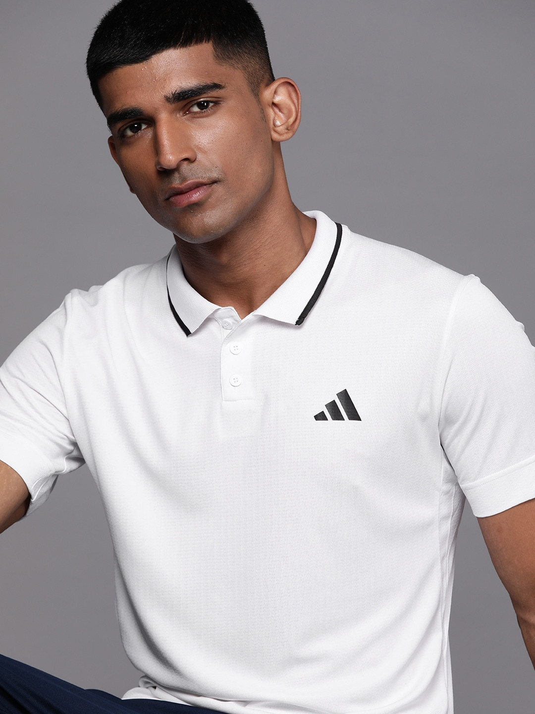 ADIDAS Men Black Freelift Polo Collar Slim Fit Tennis T-shirt